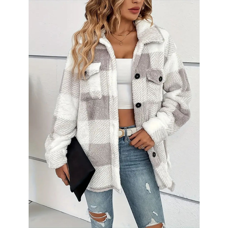 Plaid Dropped Shoulder Long Sleeve Plush Coat Apparel and Accessories