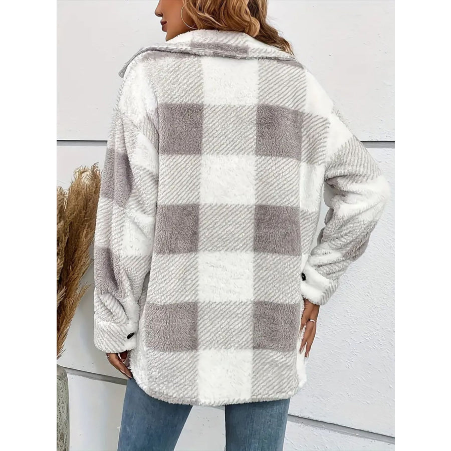 Plaid Dropped Shoulder Long Sleeve Plush Coat Apparel and Accessories