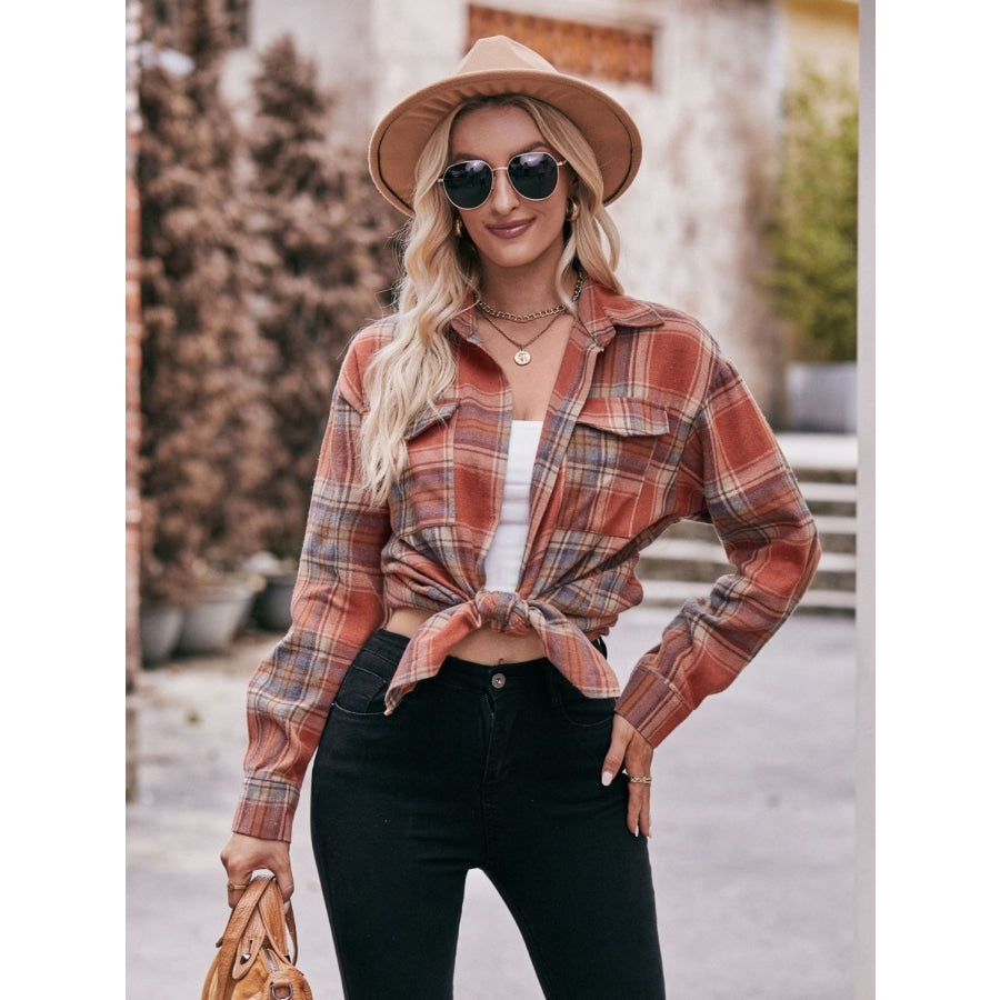 Plaid Dropped Shoulder Longline Shirt Brick Red / S