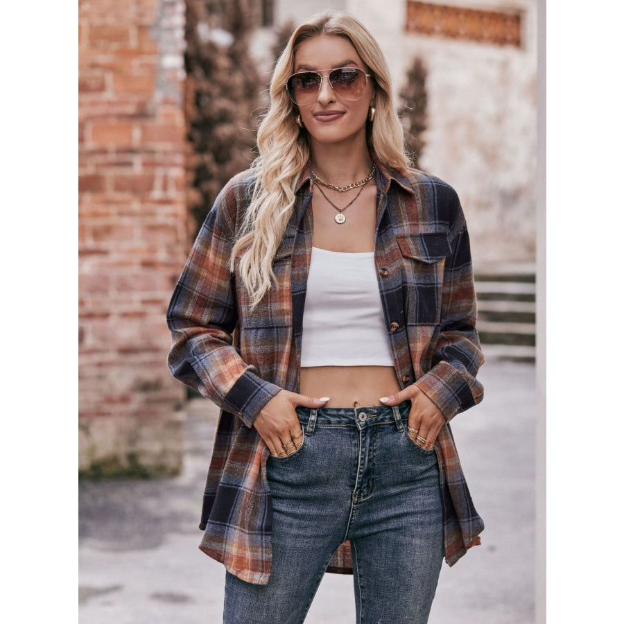 Plaid Dropped Shoulder Longline Shirt Brown Black / S