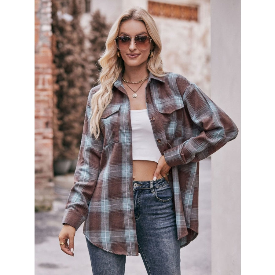 Plaid Dropped Shoulder Longline Shirt Brown Green / S