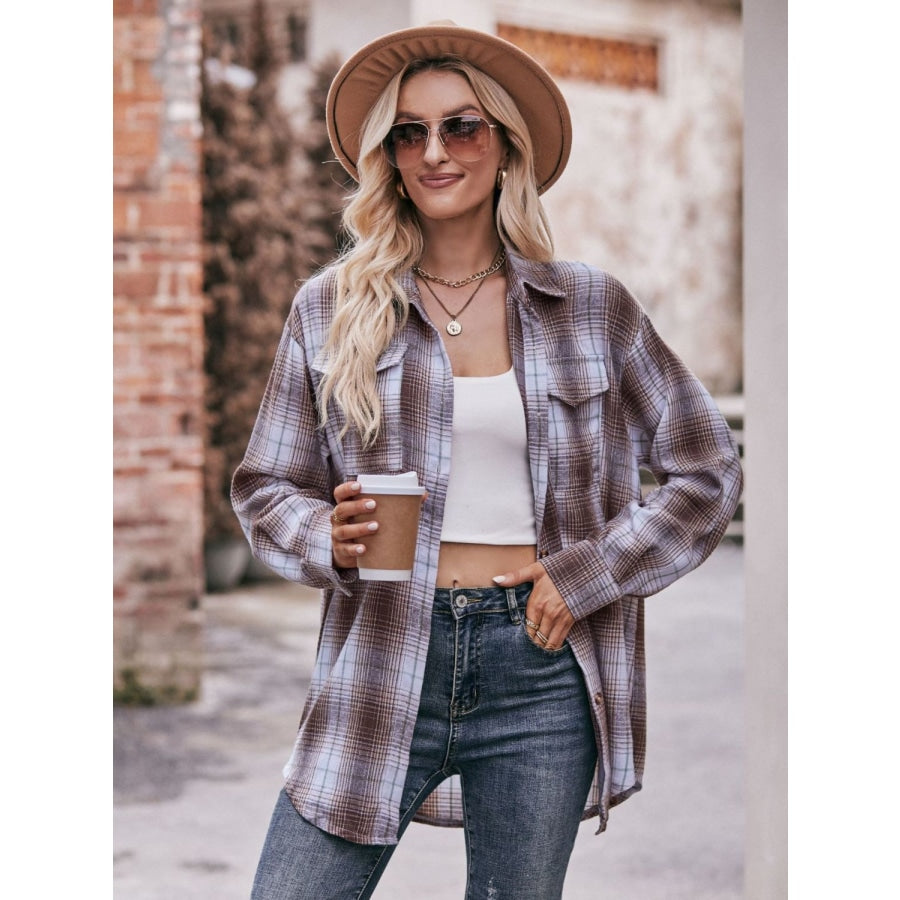 Plaid Dropped Shoulder Longline Shirt Coffee White / S