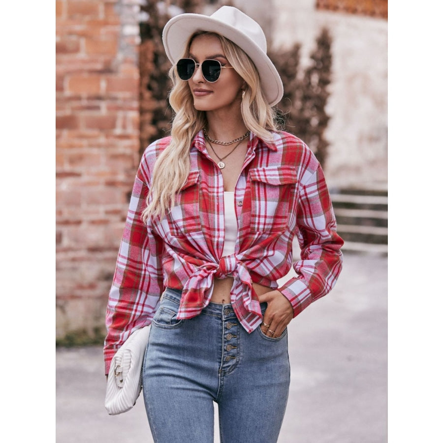 Plaid Dropped Shoulder Longline Shirt Deep Red / S