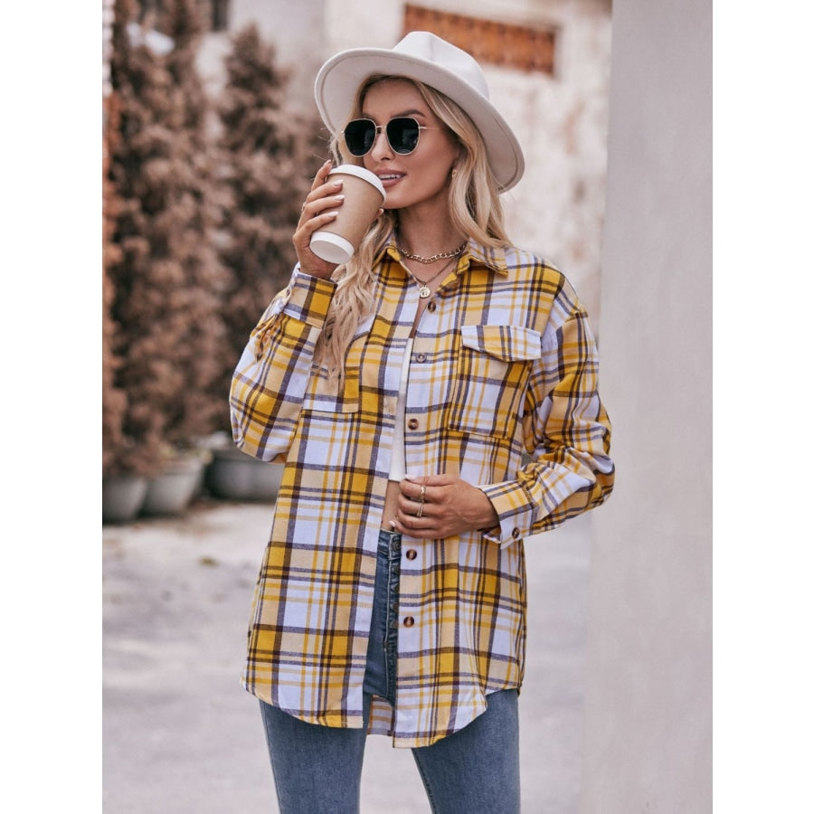 Plaid Dropped Shoulder Longline Shirt Mustard / S