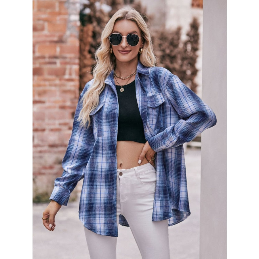 Plaid Dropped Shoulder Longline Shirt Navy White / S