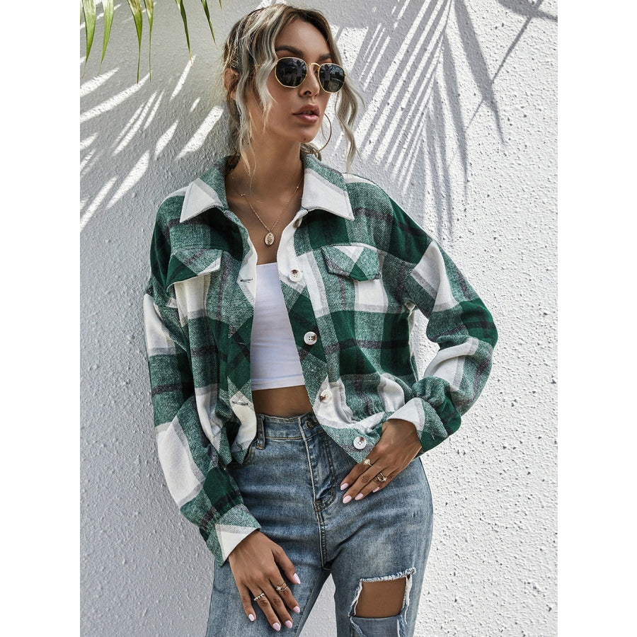 Plaid Dropped Shoulder Shirt Jacket Green / S