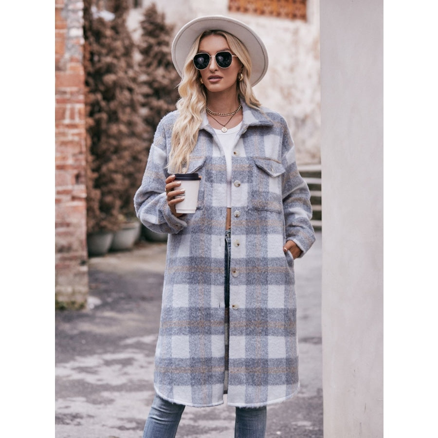 Plaid Dropped Shoulder Slit Coat Charcoal / S