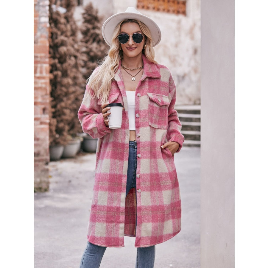 Plaid Dropped Shoulder Slit Coat Coral / S