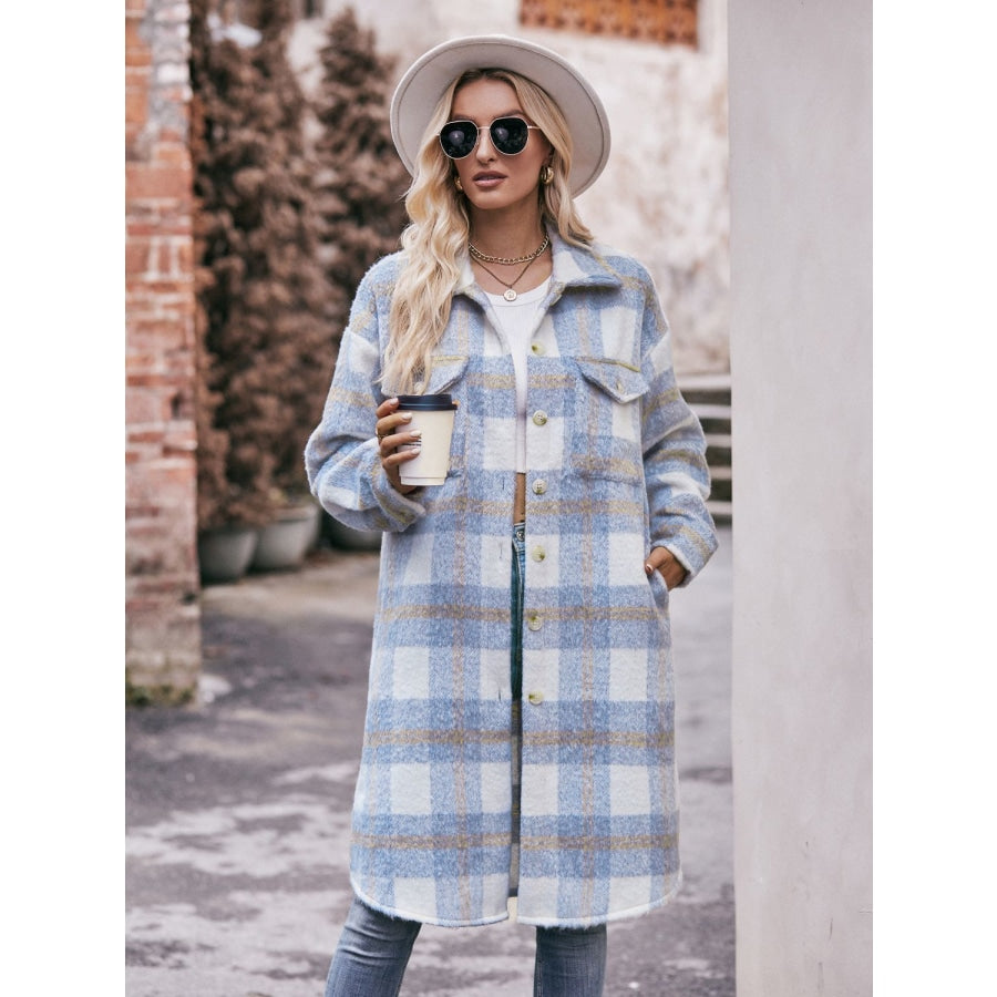 Plaid Dropped Shoulder Slit Coat Misty Blue / S