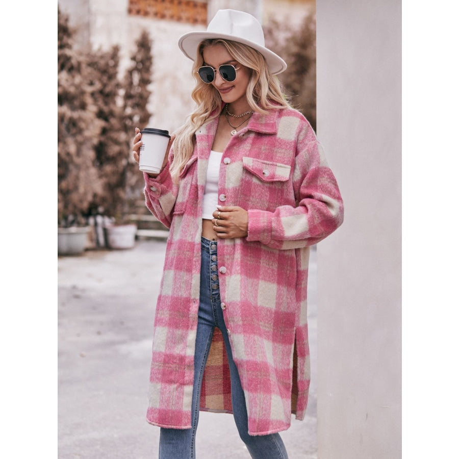 Plaid Dropped Shoulder Slit Coat