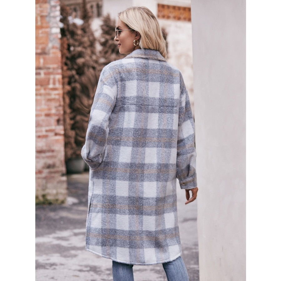 Plaid Dropped Shoulder Slit Coat