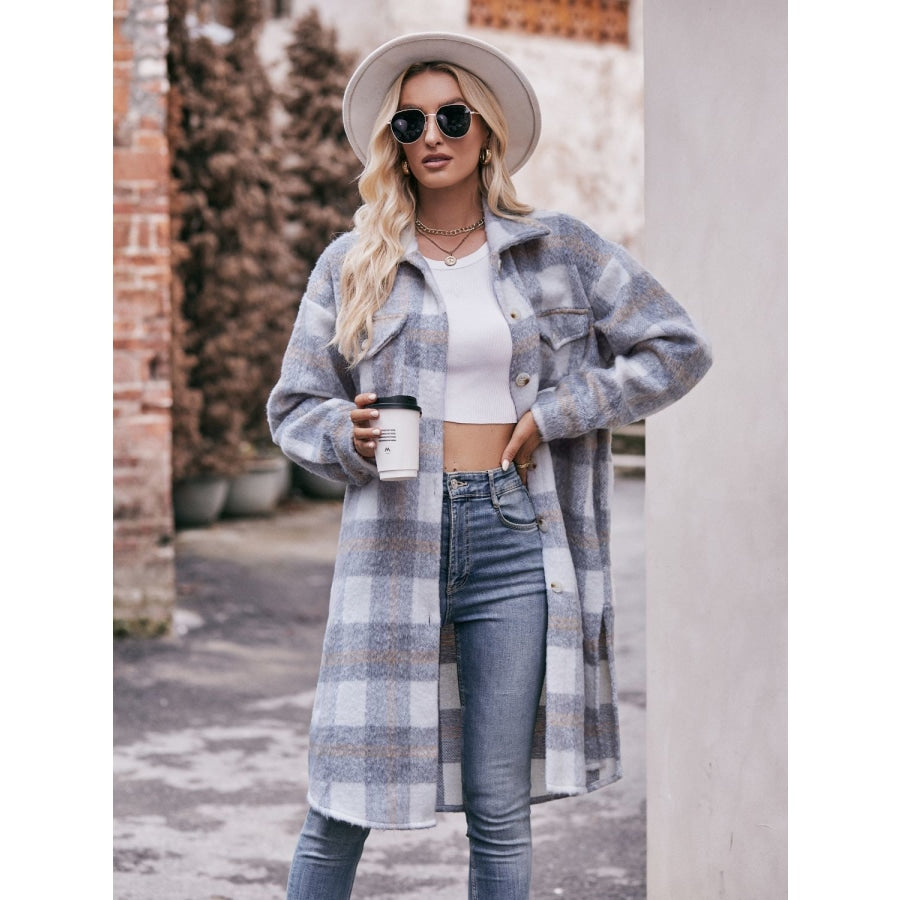 Plaid Dropped Shoulder Slit Coat