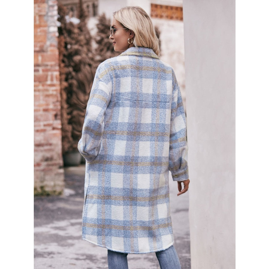 Plaid Dropped Shoulder Slit Coat