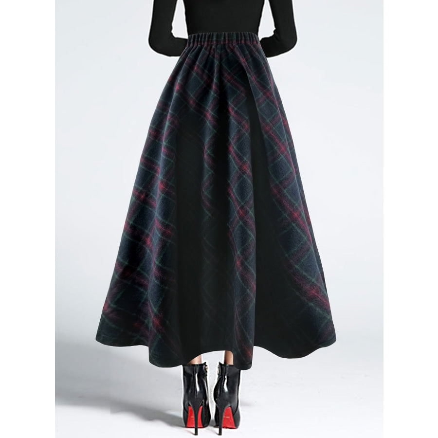 Plaid Elastic Waist Midi Skirt Dark Navy / S Apparel and Accessories