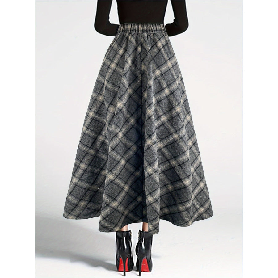 Plaid Elastic Waist Midi Skirt Apparel and Accessories