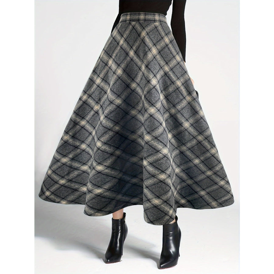 Plaid Elastic Waist Midi Skirt Dark Gray / S Apparel and Accessories