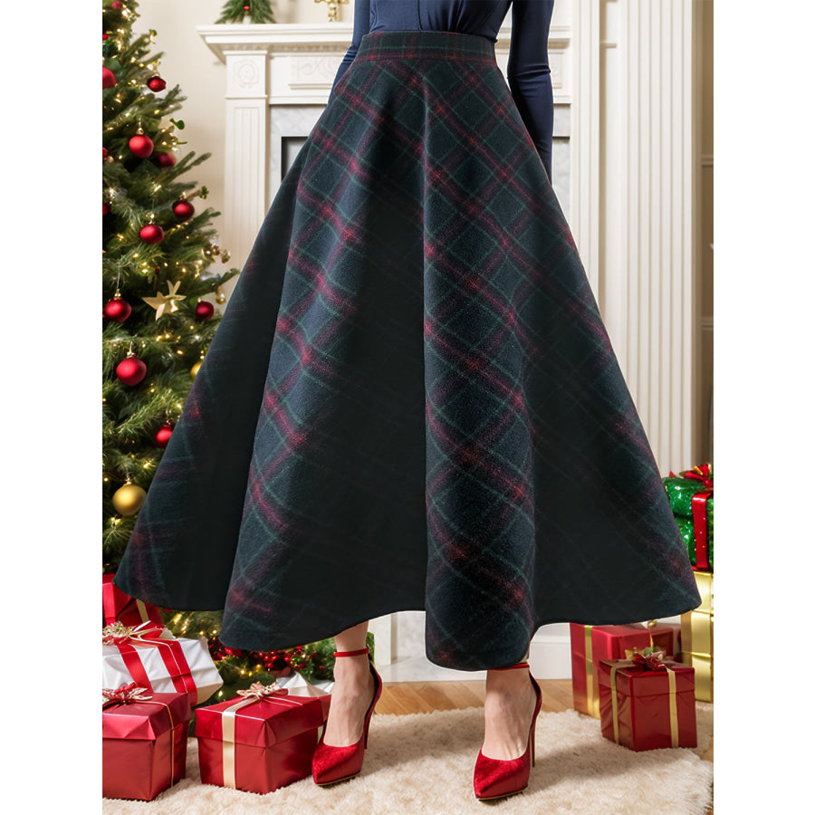 Plaid Elastic Waist Midi Skirt Dark Navy / S Apparel and Accessories