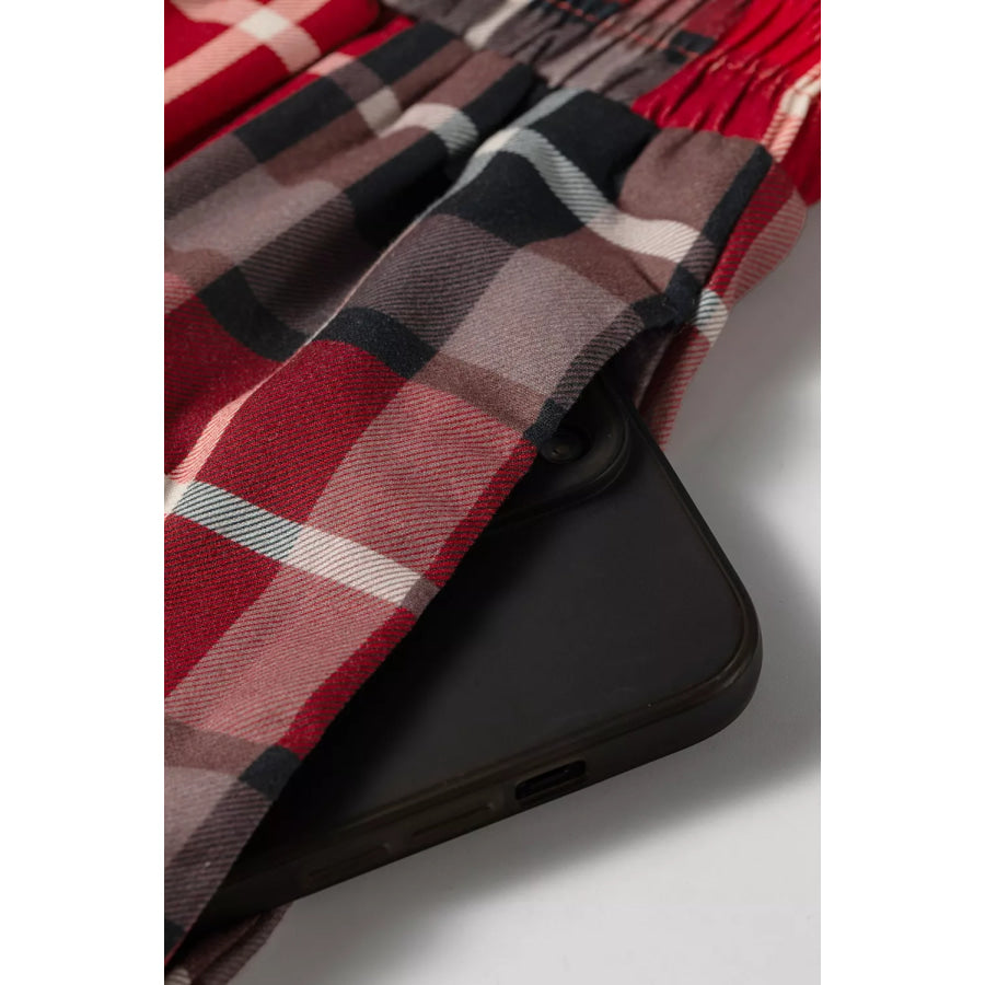 Plaid Elastic Waist Pocket Regular Full-Length Pants Apparel and Accessories