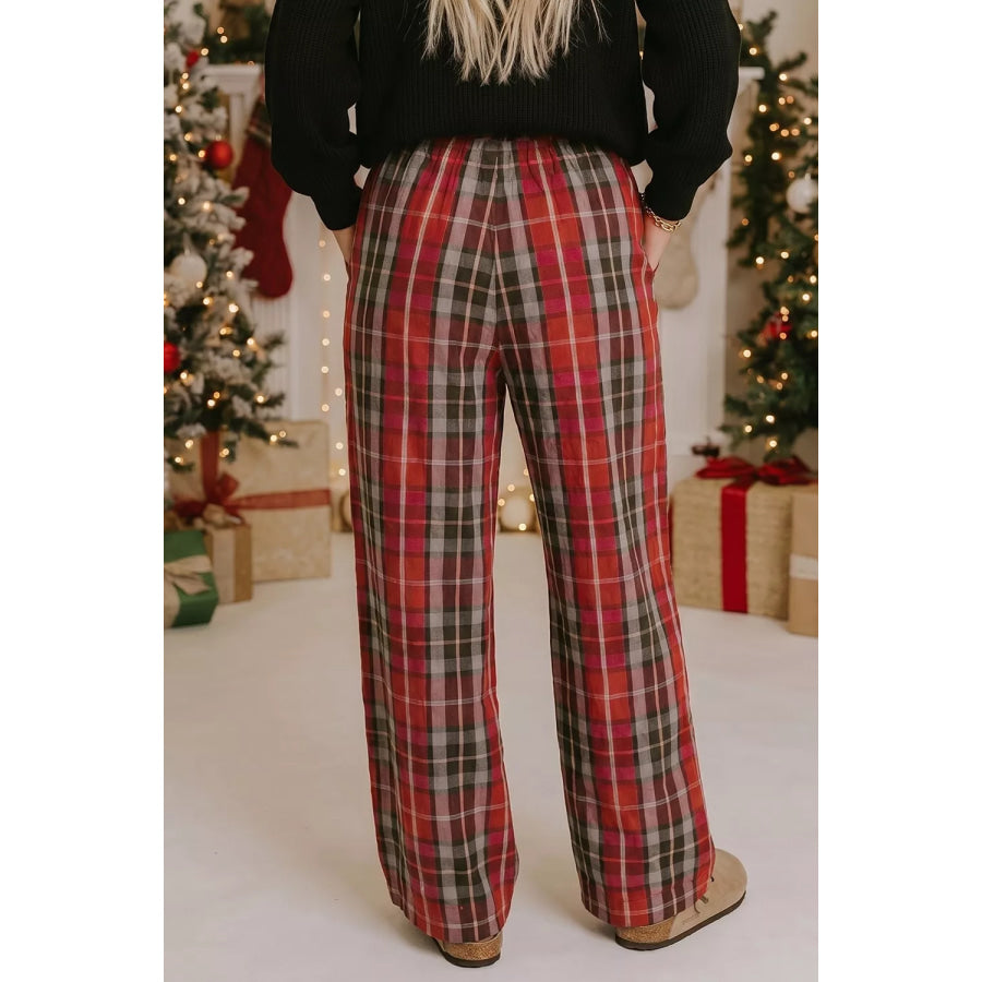 Plaid Elastic Waist Pocket Regular Full-Length Pants Apparel and Accessories