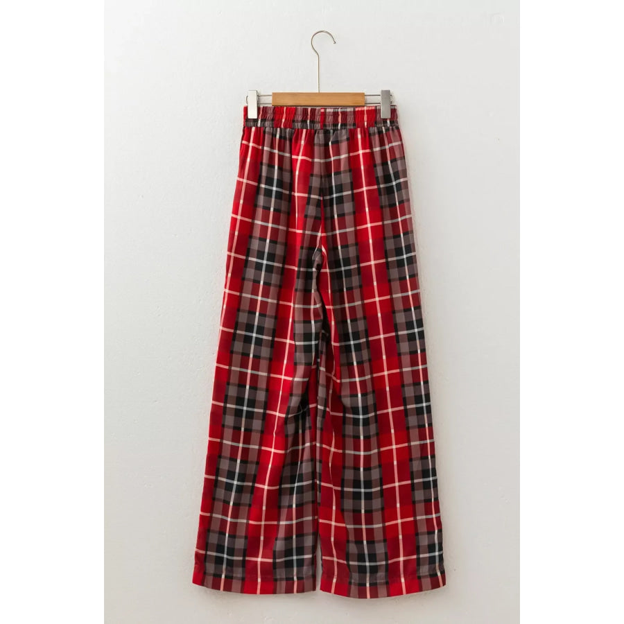 Plaid Elastic Waist Pocket Regular Full-Length Pants Apparel and Accessories