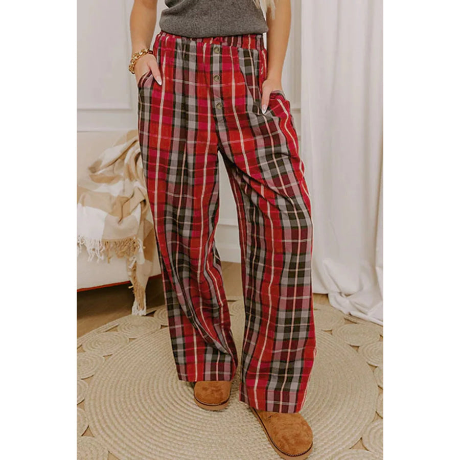 Plaid Elastic Waist Pocket Regular Full-Length Pants Apparel and Accessories