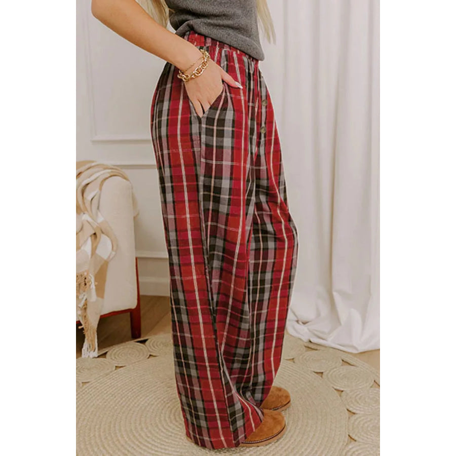 Plaid Elastic Waist Pocket Regular Full-Length Pants Apparel and Accessories