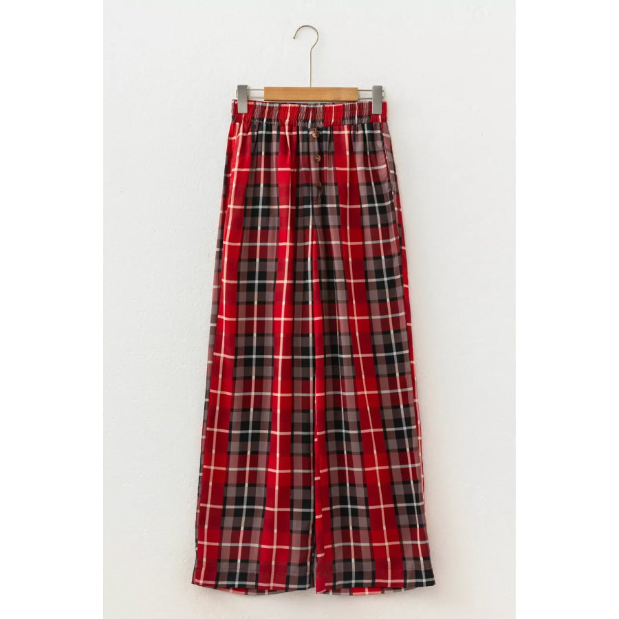 Plaid Elastic Waist Pocket Regular Full-Length Pants Apparel and Accessories