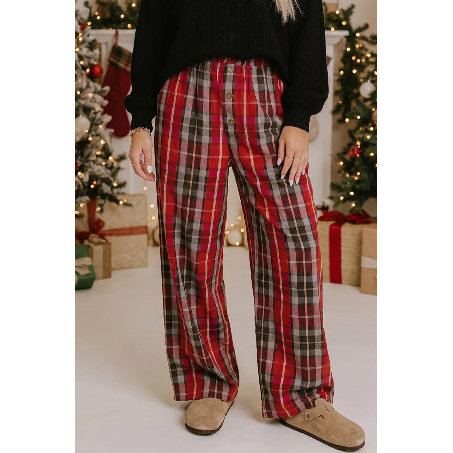 Plaid Elastic Waist Pocket Regular Full-Length Pants Burgundy / S Apparel and Accessories
