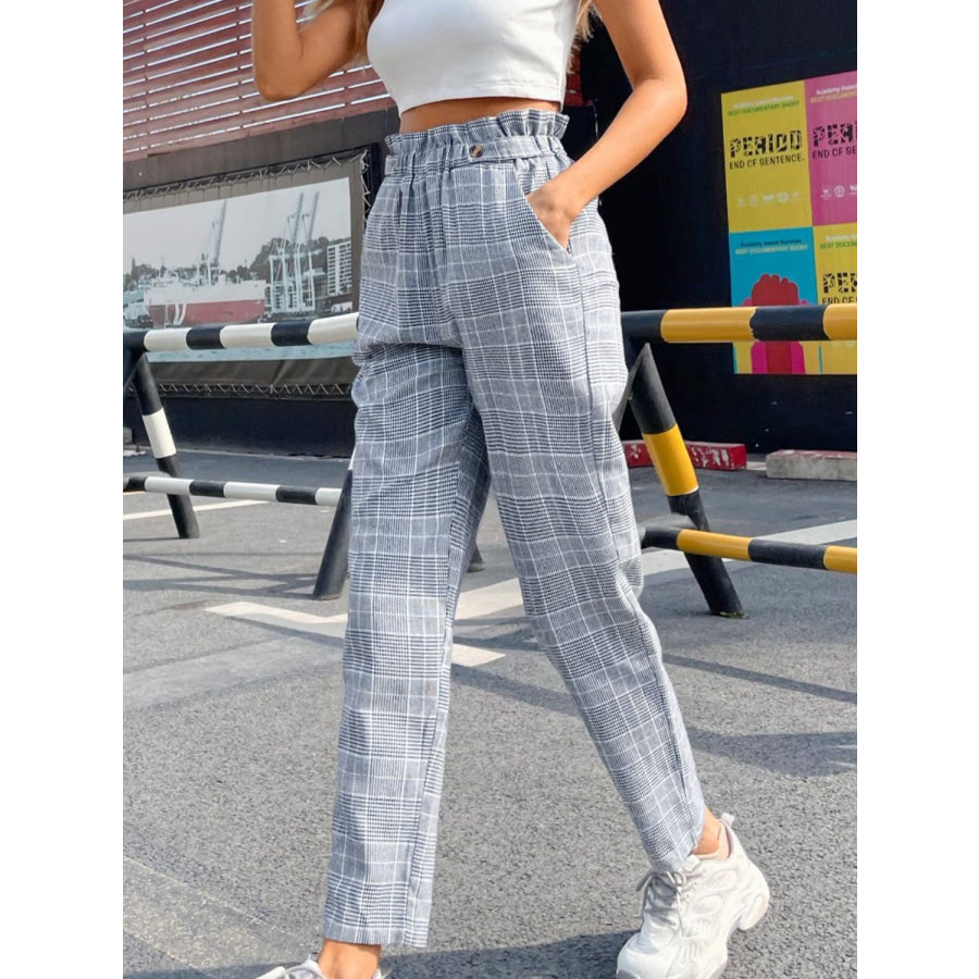 Plaid Elastic Waist Straight Pants Apparel and Accessories