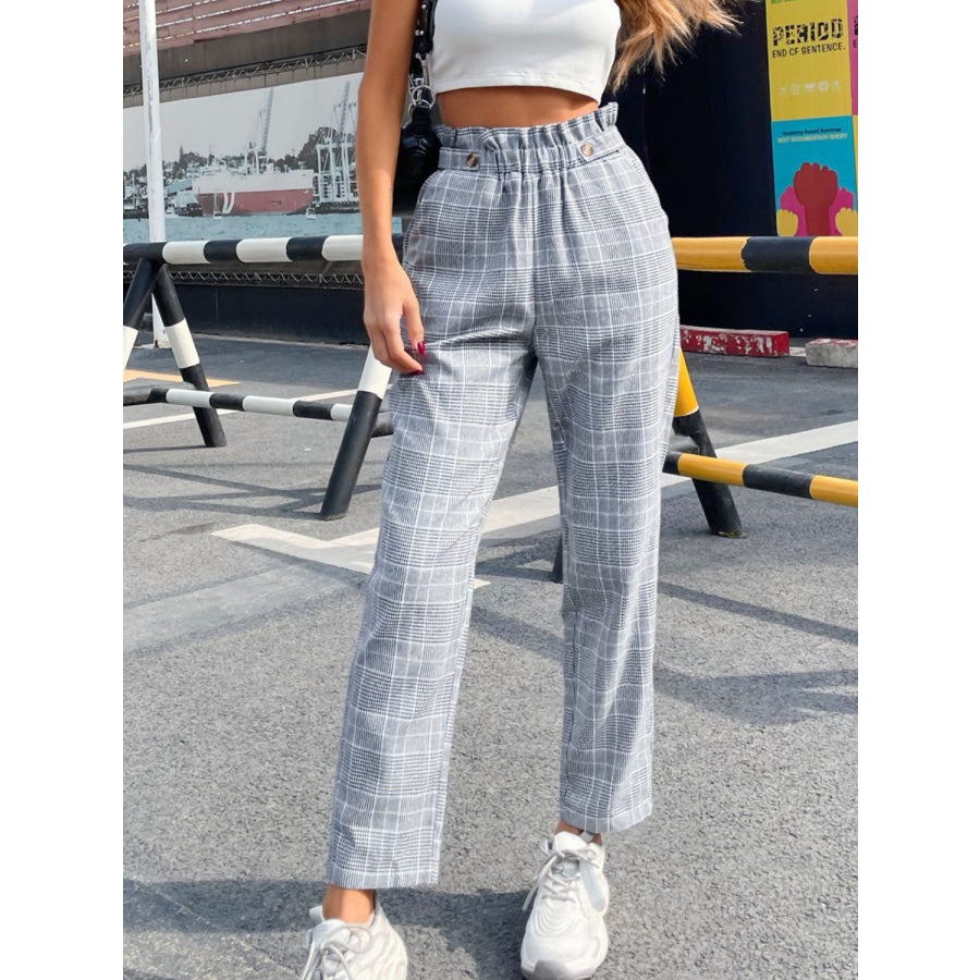 Plaid Elastic Waist Straight Pants Apparel and Accessories