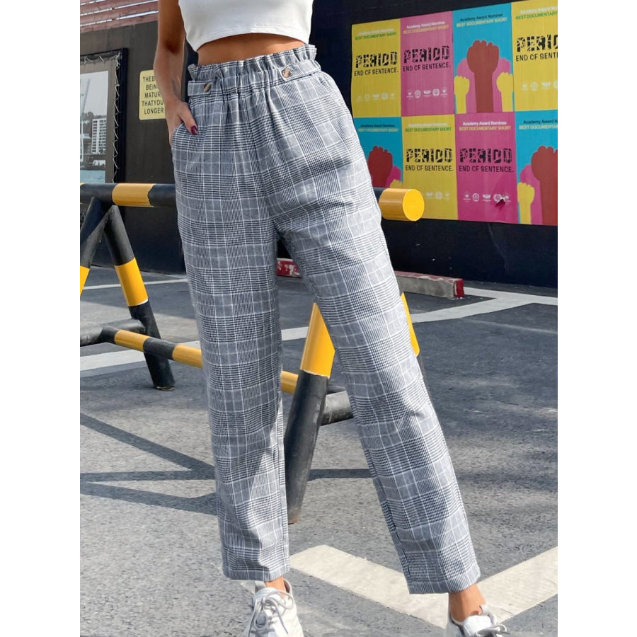 Plaid Elastic Waist Straight Pants Apparel and Accessories