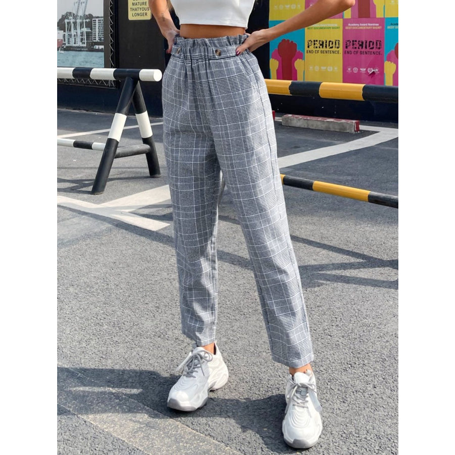 Plaid Elastic Waist Straight Pants Apparel and Accessories