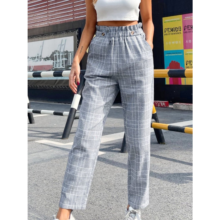 Plaid Elastic Waist Straight Pants Light Gray / S Apparel and Accessories