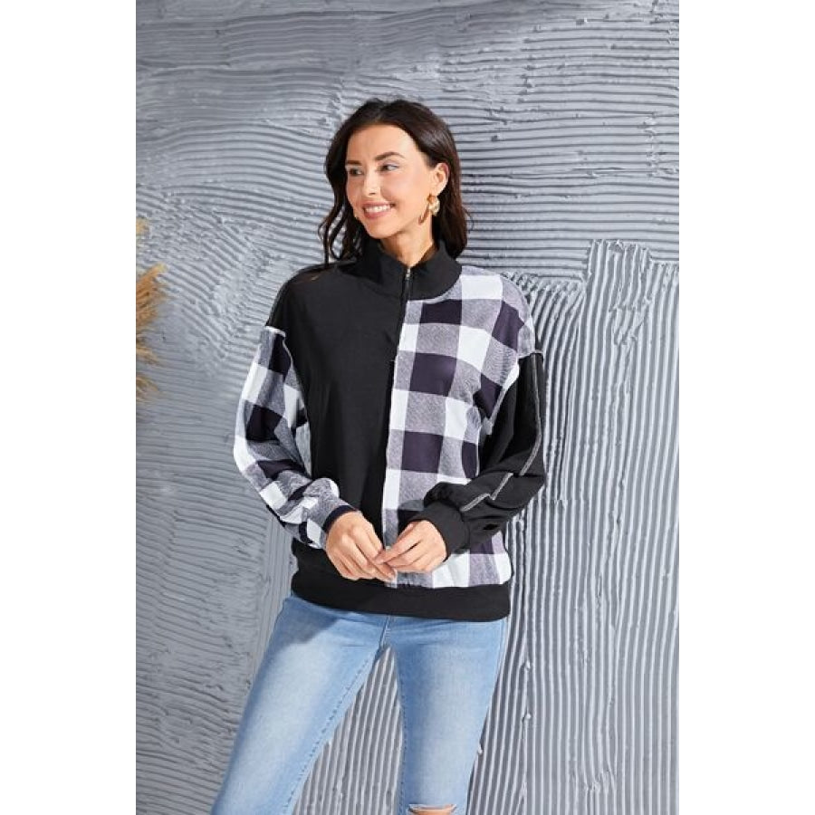 Plaid Exposed Seam Long Sleeve Blouse Black / S Clothing