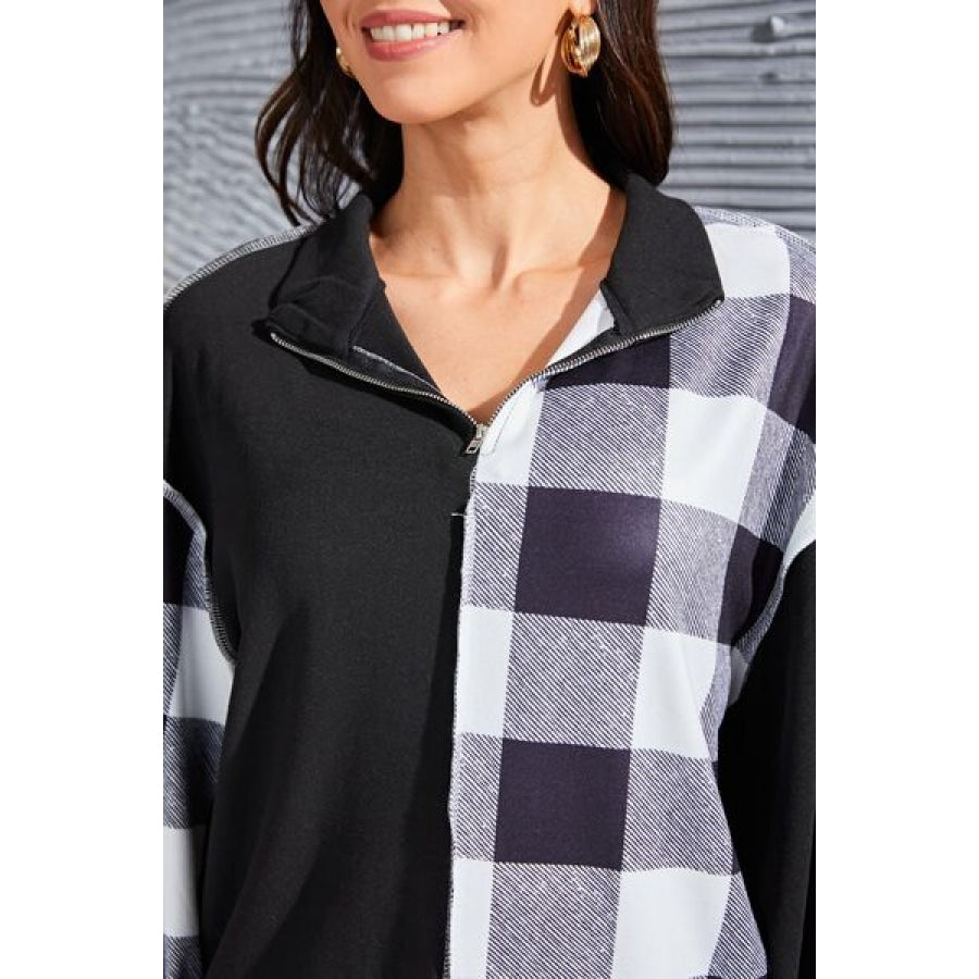 Plaid Exposed Seam Long Sleeve Blouse Clothing