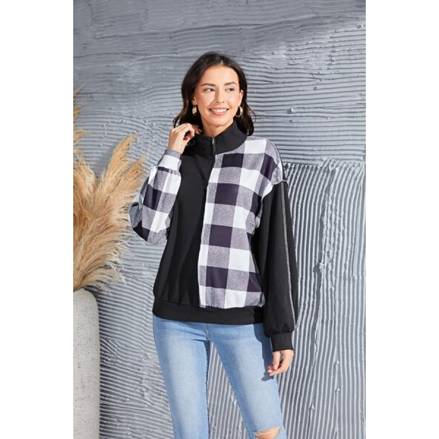 Plaid Exposed Seam Long Sleeve Blouse Clothing