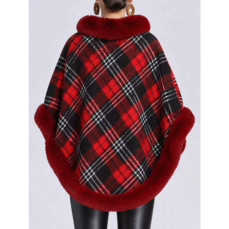 Plaid Faux Fur Trimmed Poncho Cape Outerwear Apparel and Accessories