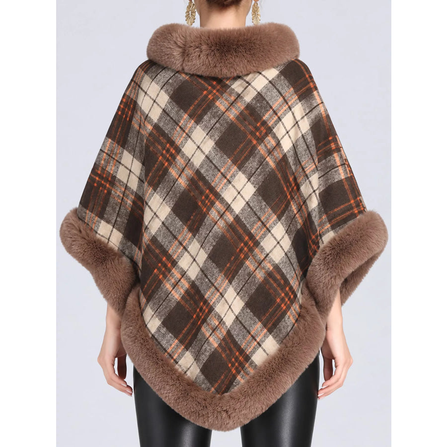 Plaid Faux Fur Trimmed Poncho Cape Outerwear Apparel and Accessories