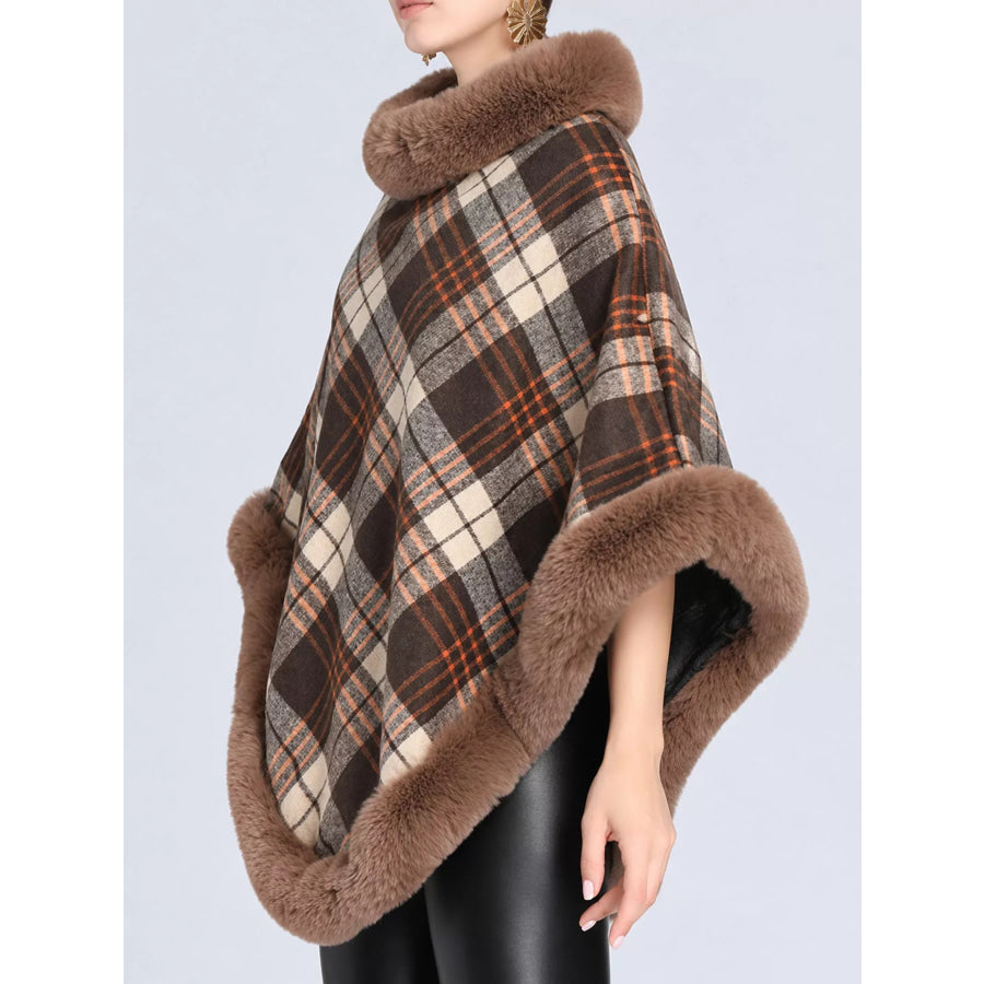 Plaid Faux Fur Trimmed Poncho Cape Outerwear Apparel and Accessories