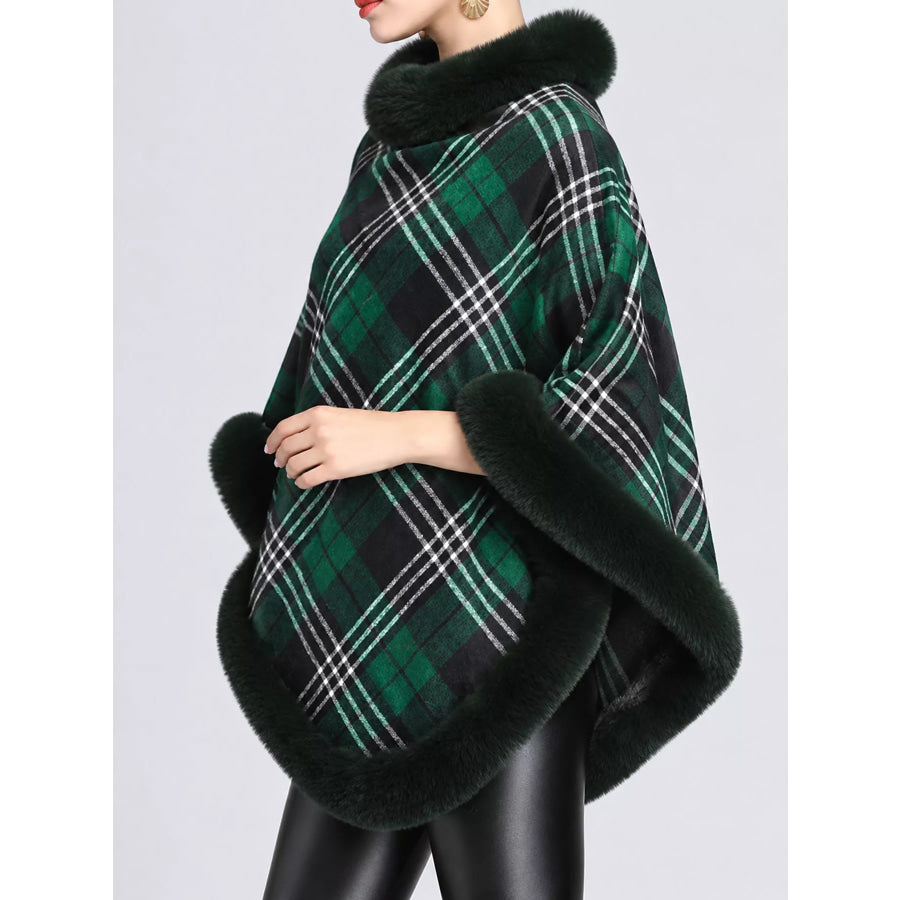 Plaid Faux Fur Trimmed Poncho Cape Outerwear Apparel and Accessories
