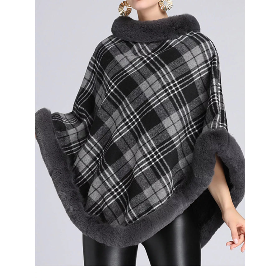 Plaid Faux Fur Trimmed Poncho Cape Outerwear Apparel and Accessories