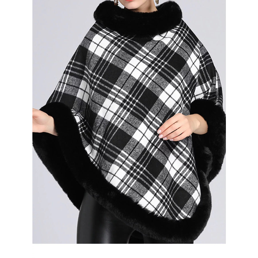 Plaid Faux Fur Trimmed Poncho Cape Outerwear Apparel and Accessories