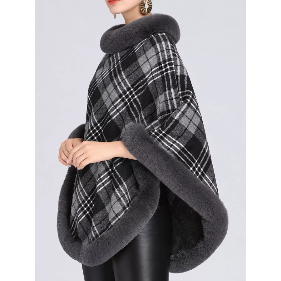 Plaid Faux Fur Trimmed Poncho Cape Outerwear Apparel and Accessories