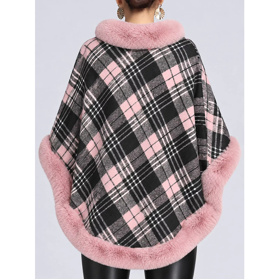 Plaid Faux Fur Trimmed Poncho Cape Outerwear Apparel and Accessories