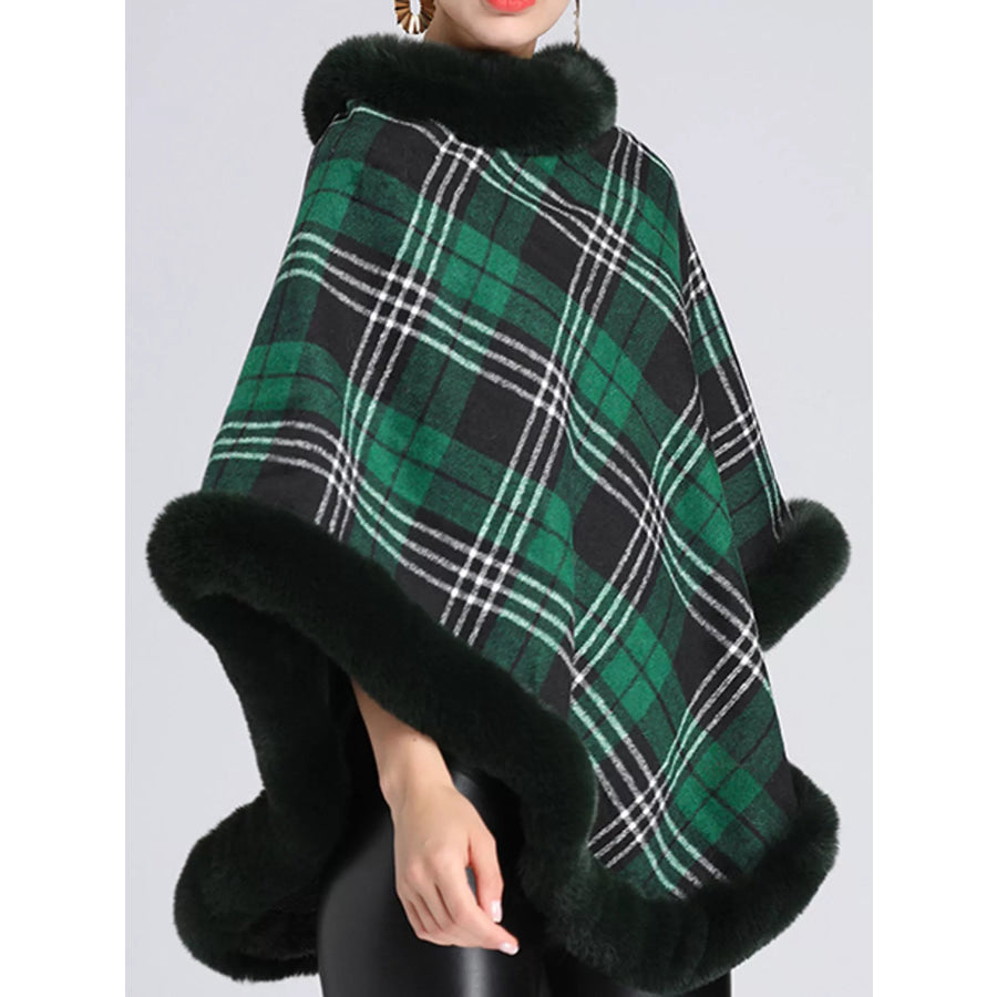 Plaid Faux Fur Trimmed Poncho Cape Outerwear Apparel and Accessories