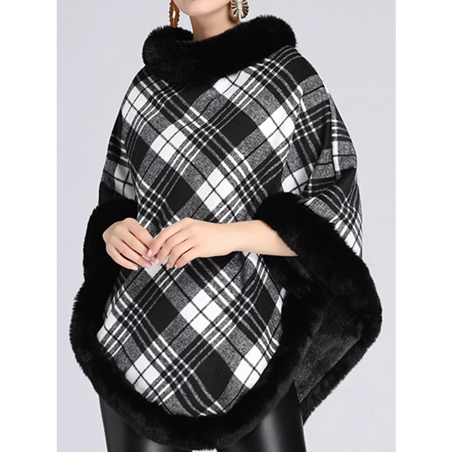 Plaid Faux Fur Trimmed Poncho Cape Outerwear Apparel and Accessories