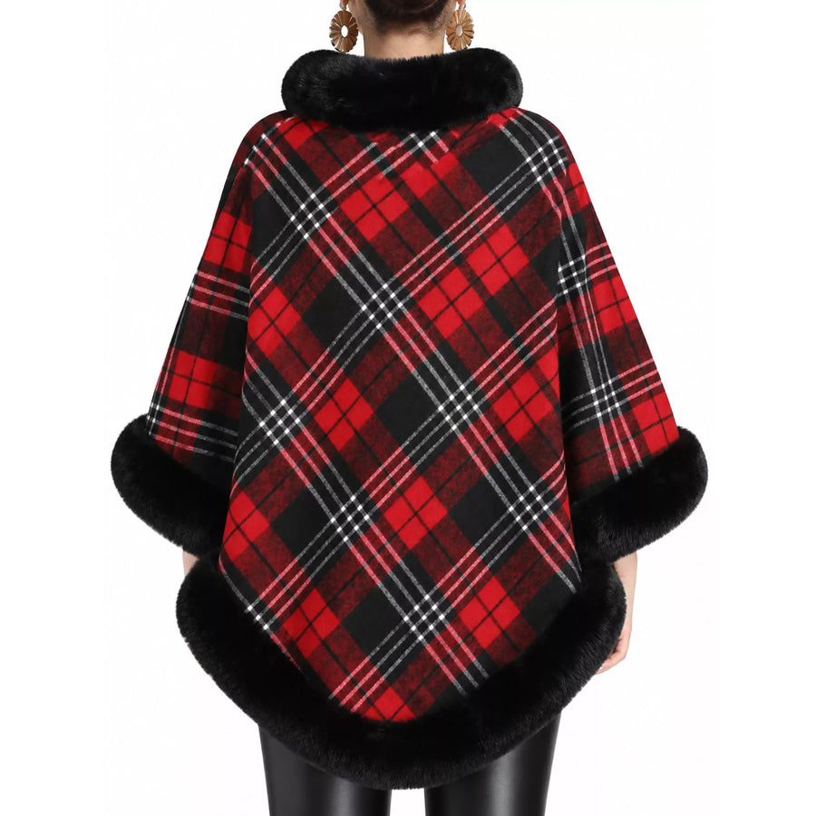 Plaid Faux Fur Trimmed Poncho Cape Outerwear Apparel and Accessories
