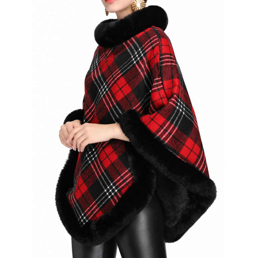 Plaid Faux Fur Trimmed Poncho Cape Outerwear Black And Red-Plaid / One Size Apparel Accessories