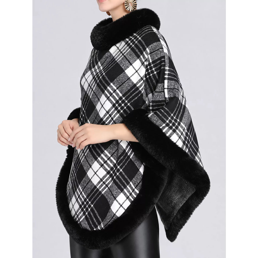 Plaid Faux Fur Trimmed Poncho Cape Outerwear Black And White-Plaid / One Size Apparel Accessories