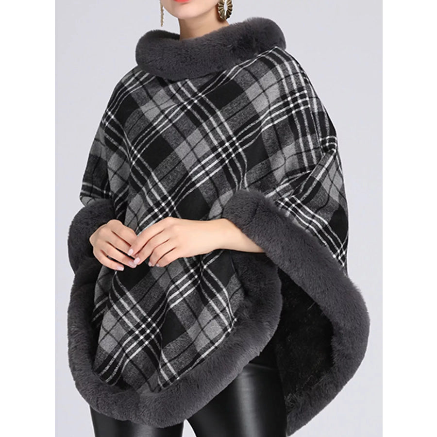 Plaid Faux Fur Trimmed Poncho Cape Outerwear Dark Gray-Plaid / One Size Apparel and Accessories